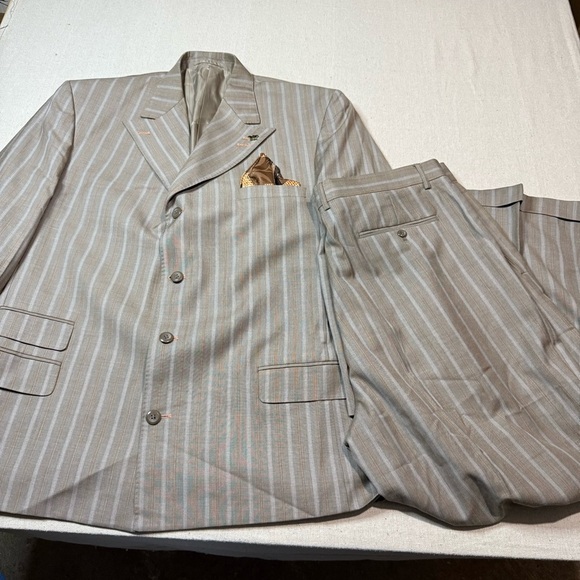 Vintage EJ Samuel 2 Piece Suit + Handkerchief Brown Striped Blazer 46R Pant 40R - Picture 1 of 15